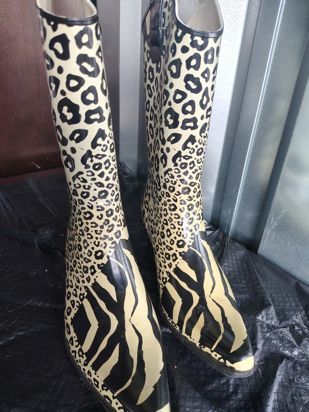 Leopard & Zebra Print Women's Rain Boots - Black and Cream
